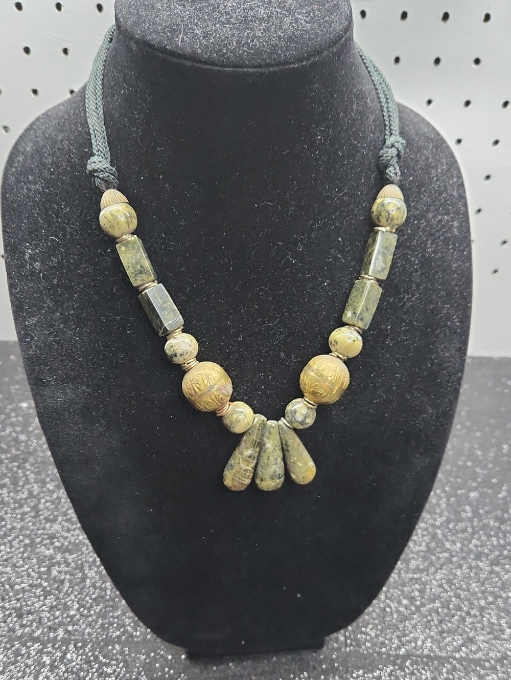 Handcrafted Green Stone and Gold-Tone Accent Necklace